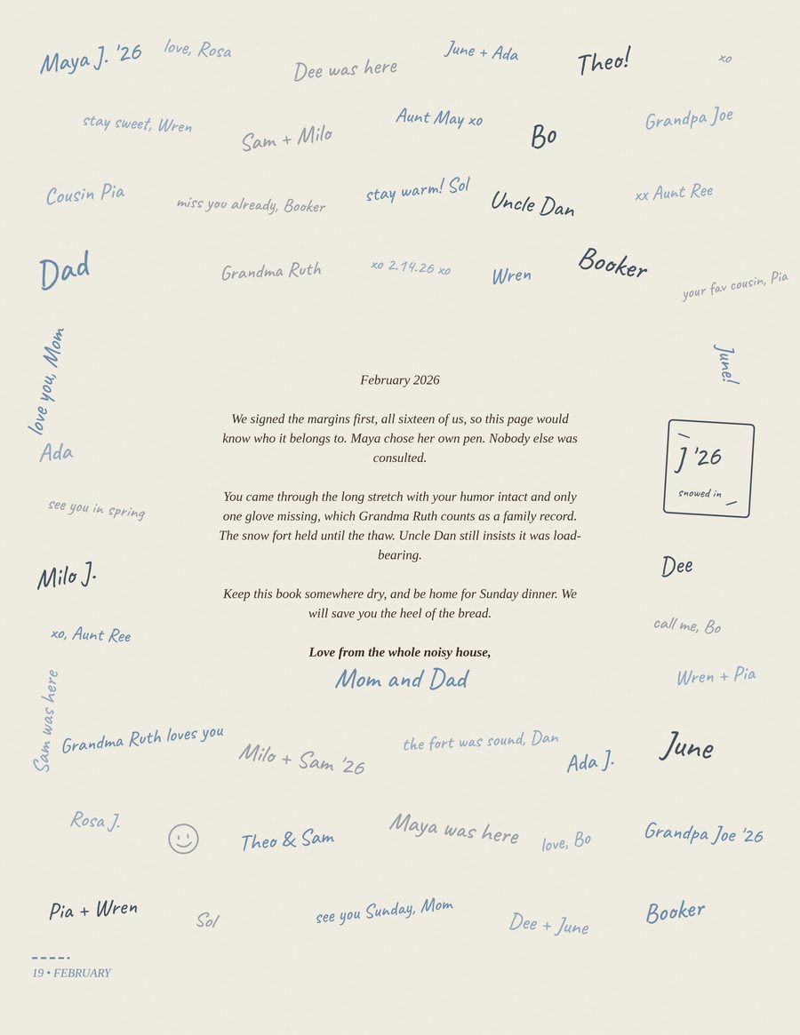 The signing page: the family's signatures filling the margins around a letter home