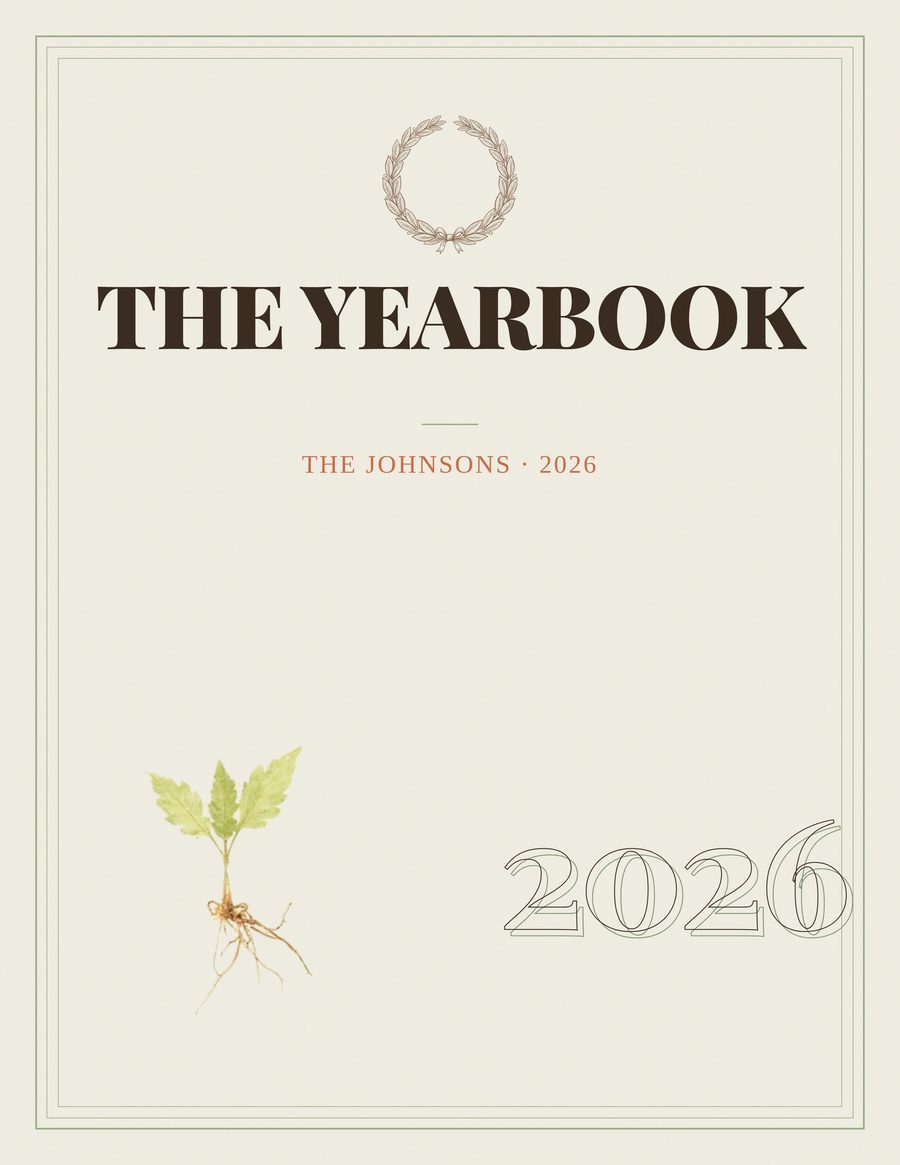 The Yearbook hardcover as it arrives: back cover reading 'see you next year', front cover with the family name and the year