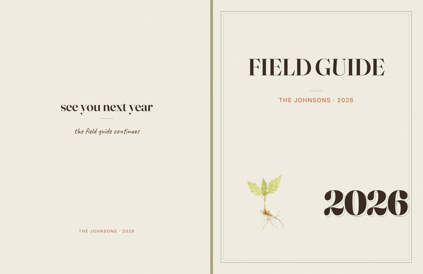 The Yearbook hardcover spread: back cover reading 'see you next year', front cover with the family name and a giant 2026 numeral